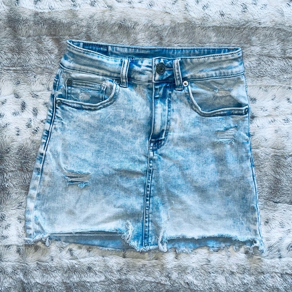 AE Denim Mini Skirt High Waisted Frayed Size 0 Long AEO Jean Skirt 0L - Picture 2 of 7